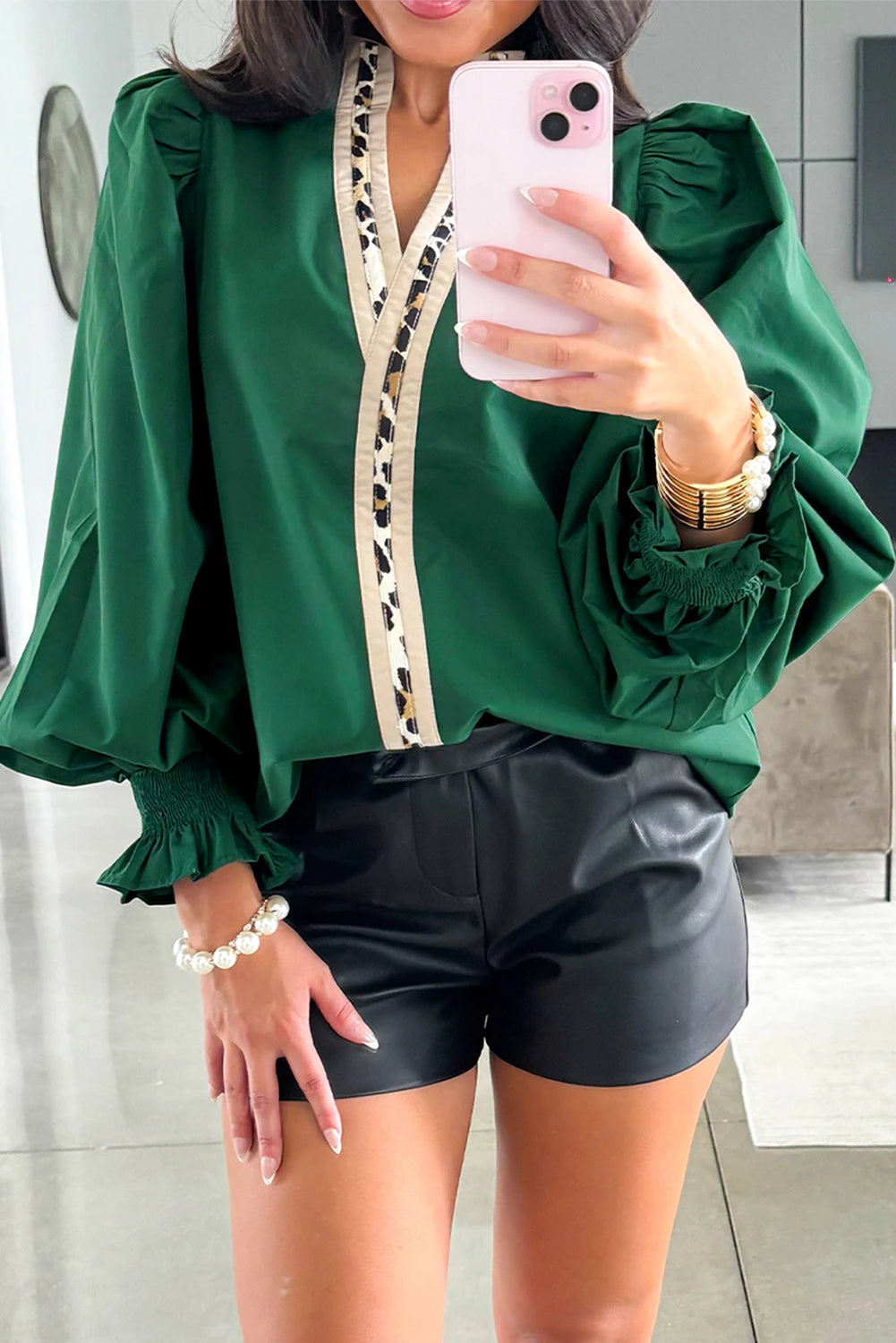 Evergreen Smocked Sleeve Leopard Trim Top