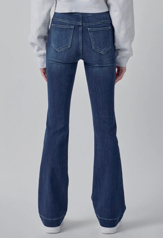 Mid Rise Dark Wash Pull On Flare Leg Jeans