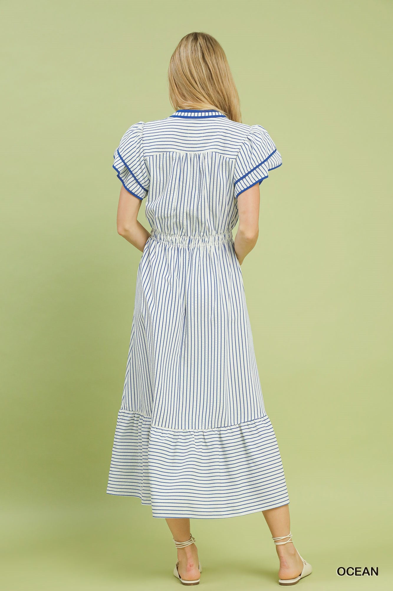 Striped Flutter Sleeve Midi Dress