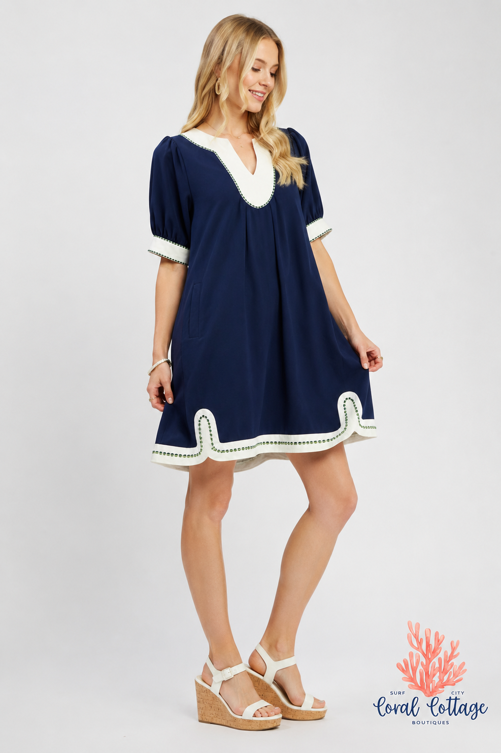 Linen Contrast Trim Navy Dress