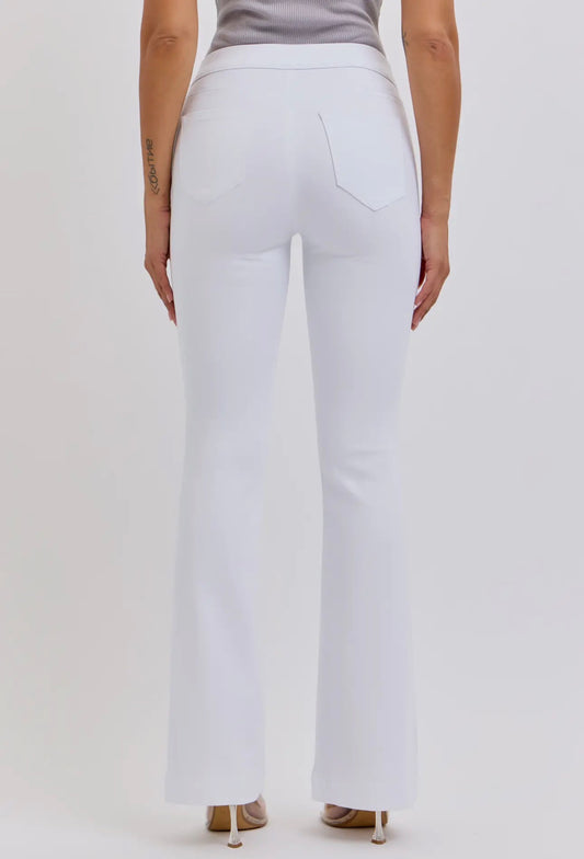 White Mid Rise Pull On Flare Jeans