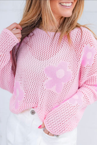 Light Pink Hollowed Knit Drop Shoulder Sweater