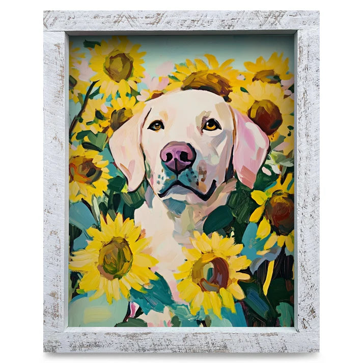 Yellow Lab Sunflowers Artwork - VERTICAL