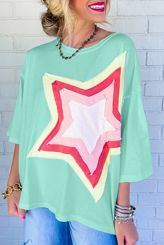 Colorblock Star Patched Half Sleeve T-Shirt