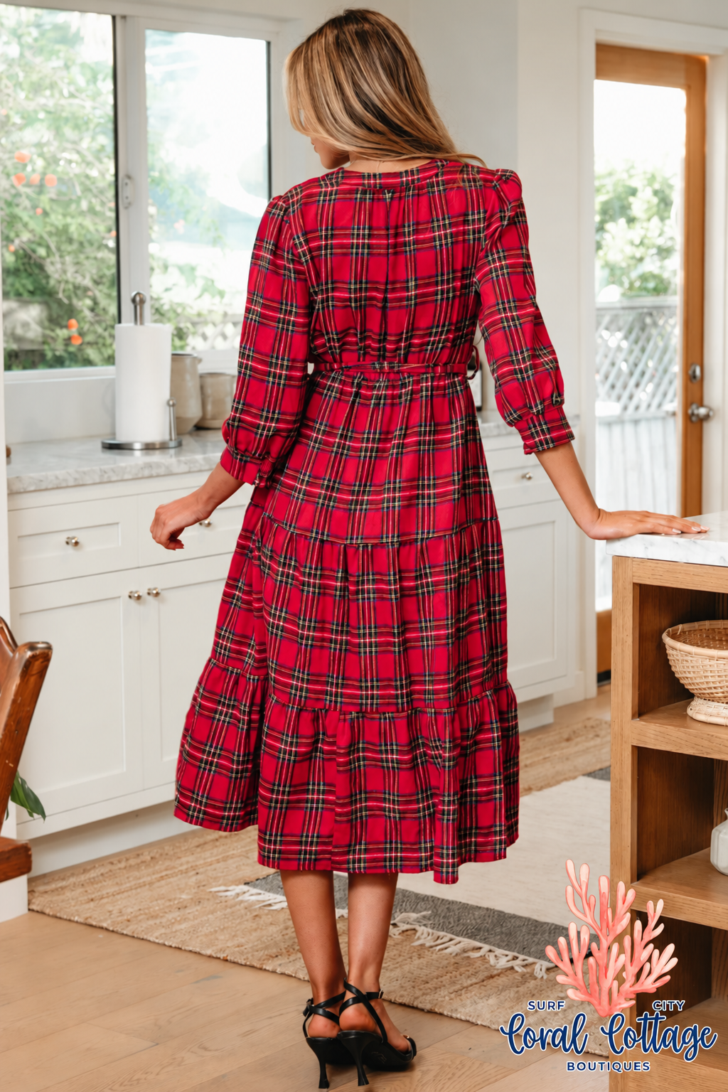 Red Christmas Plaid V-Neck Ruffle Hem Dress