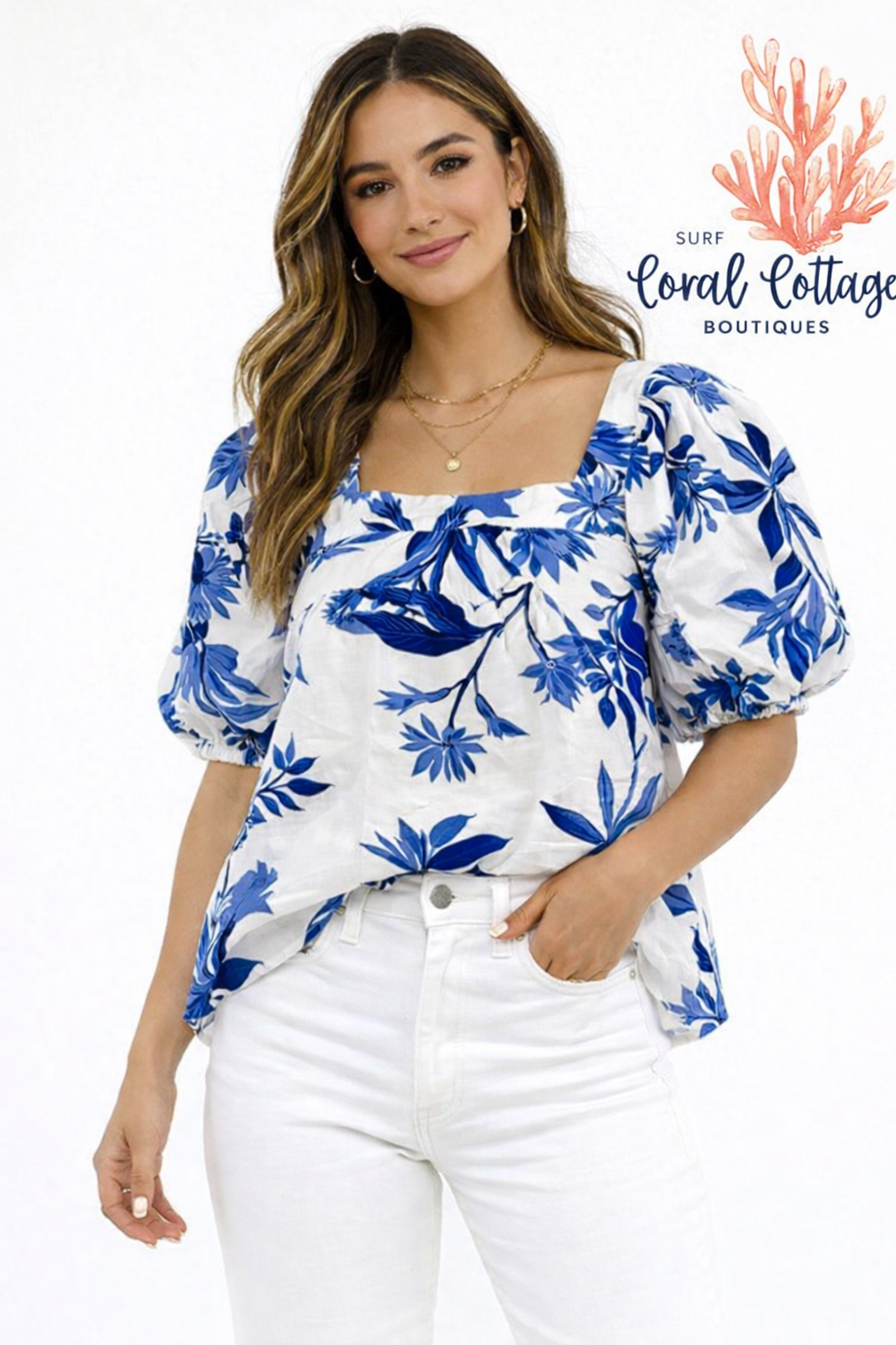 Square Neck Blue Floral Top