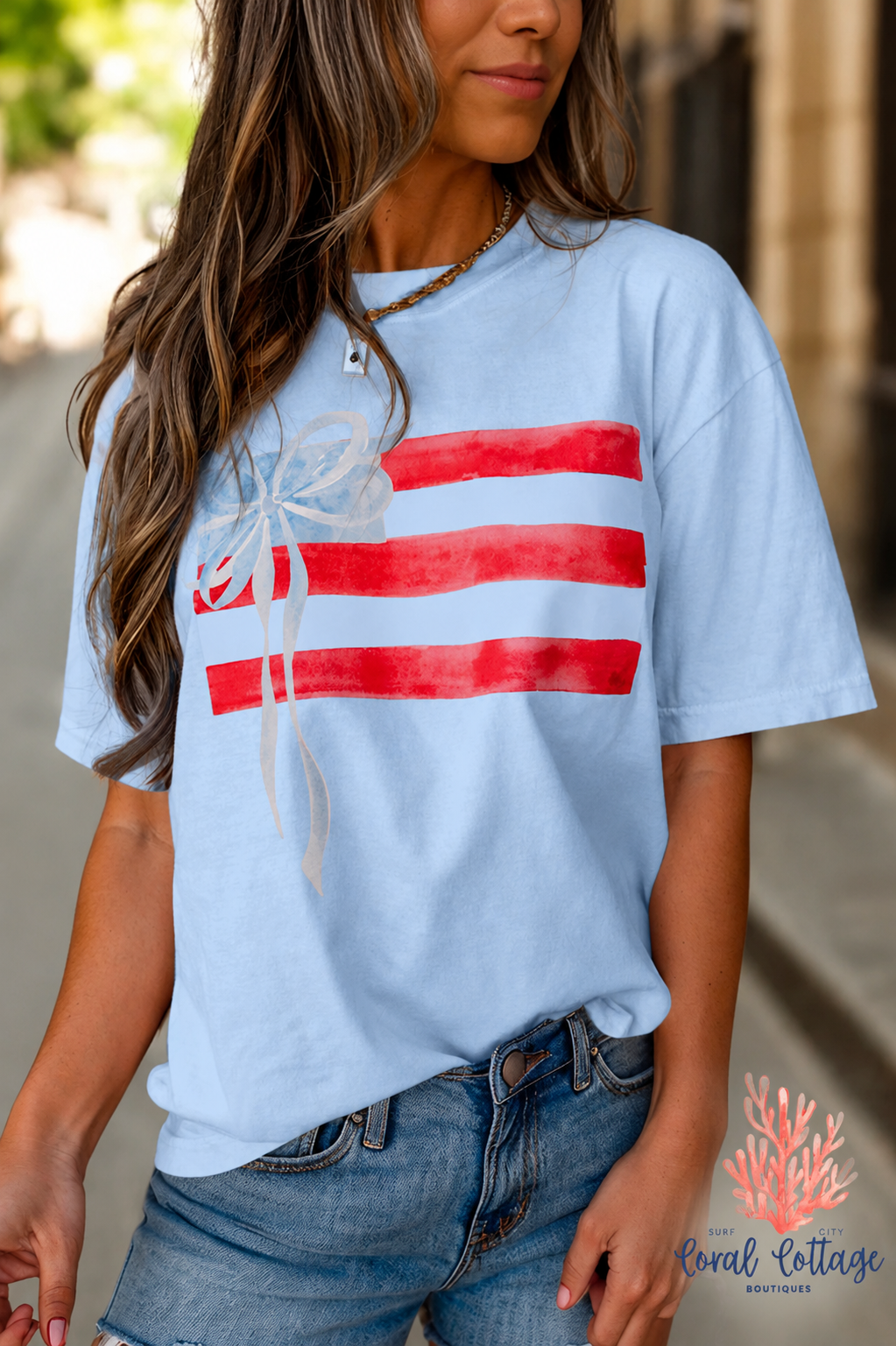 Flag Bow Round Neck T-Shirt