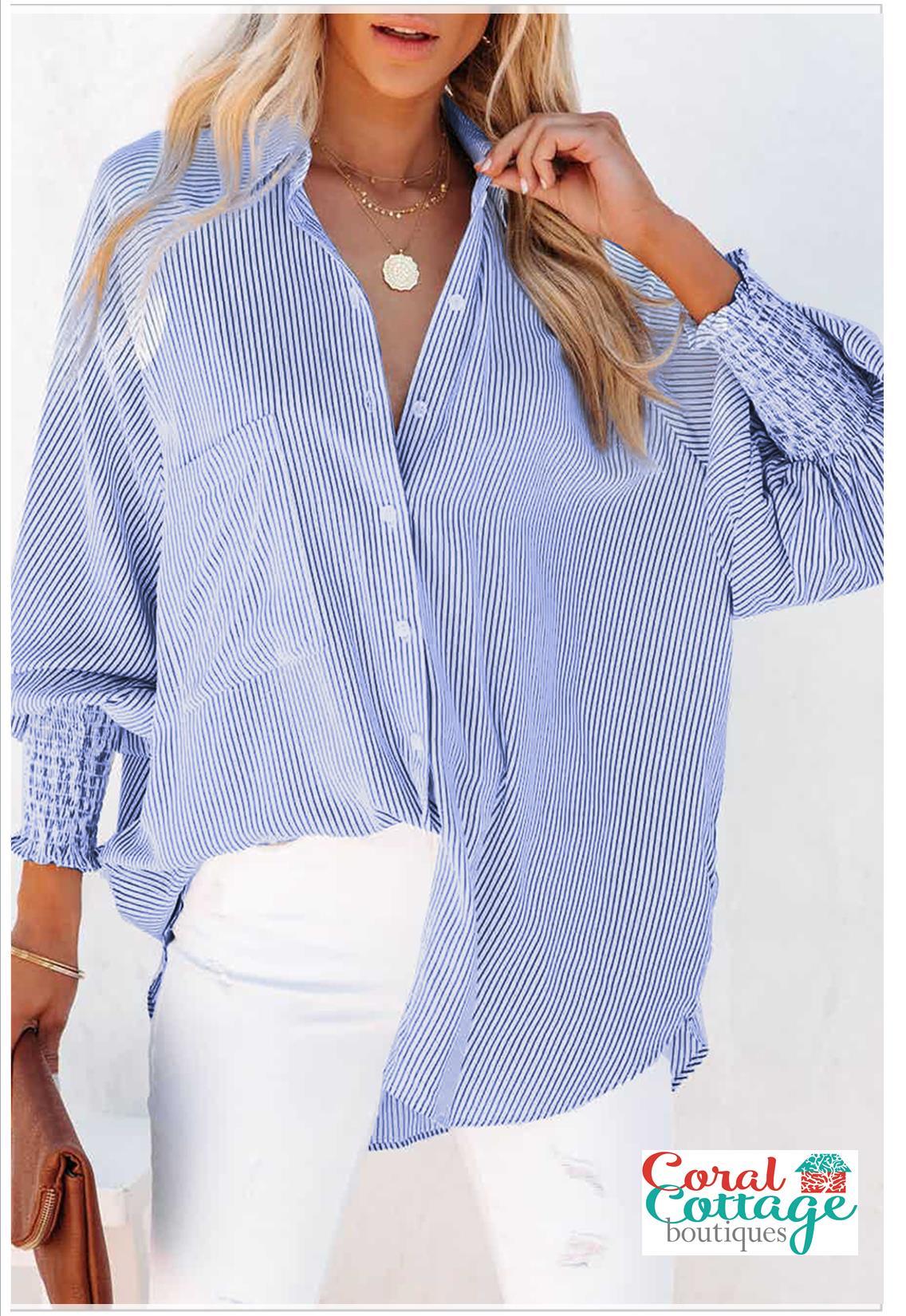 Dark Blue Striped Smock Sleeve Top