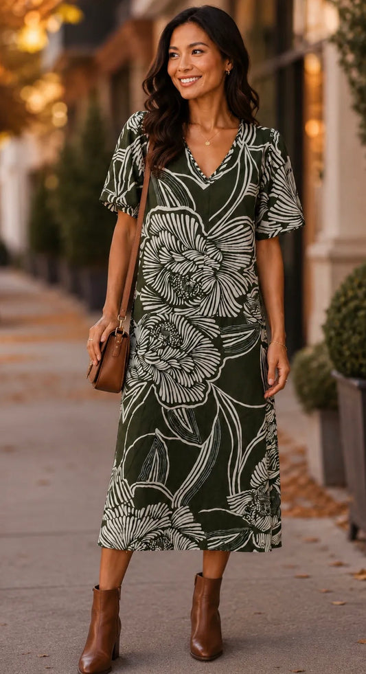V-Neck Fall Floral Dress