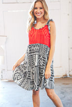 Load image into Gallery viewer, Red/Black Aztec Shoulder Tie Knot Tiered Dress