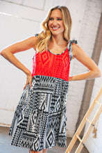 Load image into Gallery viewer, Red/Black Aztec Shoulder Tie Knot Tiered Dress