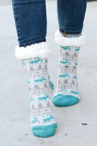 Teal Reindeer Sherpa Traction Bottom Slipper Socks