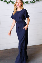 Load image into Gallery viewer, Dark Blue Smocked Waist Notch Neck Crepe Jumpsuit