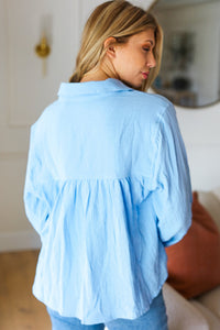 All Of Me Blue Collared Notched Neckline Cotton Top