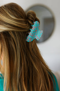 Turquoise Hearts & Glitter Hair Claw