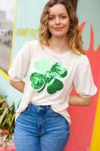 Load image into Gallery viewer, Saint Patty Sequin Clover French Terry Puff Sleeve Top
