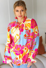 Load image into Gallery viewer, Let&#39;s Meet Later Fuchsia &amp; Blue Floral Frill Neck Top