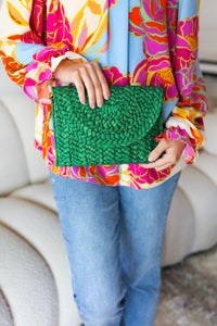 Emerald Green Raffia Woven Clutch Bag