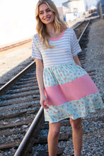 Load image into Gallery viewer, Floral and Stripe Color Block Fit and Flare Rib Dress
