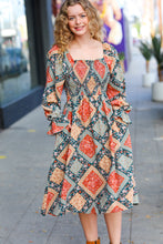 Load image into Gallery viewer, Join Me Later Rust/Teal Boho Smocked Woven Midi Dress