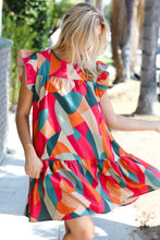 Load image into Gallery viewer, Magenta &amp; Taupe Geometric Yoke Woven Dress