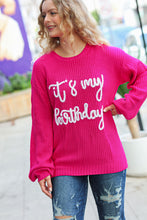 Load image into Gallery viewer, Pretty in Pink Embroidery &quot;It&#39;s My Birthday&quot; Chunky Knit Top