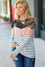 Load image into Gallery viewer, Rocking It Black &amp; Rust Chevron Floral Two-Tone Stripe Top