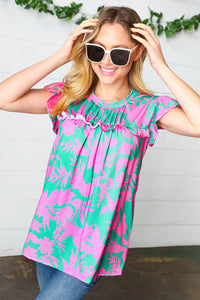 Pink & Green Floral Print Frilled Short Sleeve Yoke Top