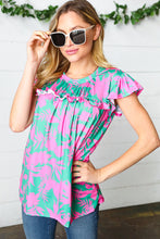 Load image into Gallery viewer, Pink &amp; Green Floral Print Frilled Short Sleeve Yoke Top