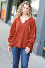 Load image into Gallery viewer, The Slouchy Rust Two Tone Knit Notched Raglan Top