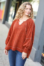 Load image into Gallery viewer, The Slouchy Rust Two Tone Knit Notched Raglan Top