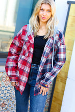 Load image into Gallery viewer, Face the Day Red/Navy Plaid Color Block Hoodie Shacket