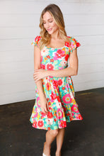 Load image into Gallery viewer, Seafoam &amp; Fuchsia Tropical Floral Square Neck Dress