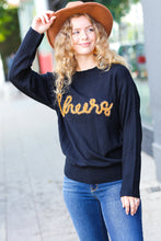 Load image into Gallery viewer, Take Note Black Embroidery &quot;Cheers&quot; Oversized Knit Top