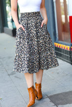 Load image into Gallery viewer, It&#39;s Your Day Black Ditzy Floral Smocked Waist Midi Skirt