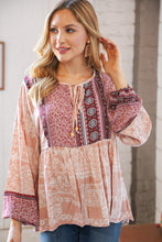 Load image into Gallery viewer, Berry Ethnic Floral Front Beaded Tie Peasant Woven Blouse