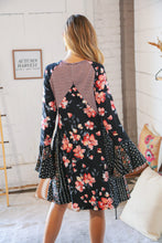 Load image into Gallery viewer, Black Floral Two Tone Color Block Fit &amp; Flare Midi Dress