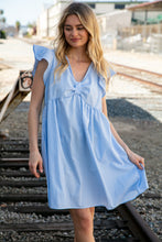 Load image into Gallery viewer, Blue Bow Ruffle Short Sleeve Flutter Pocketed Dress