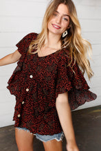 Load image into Gallery viewer, Black &amp; Orange Boho Print Button Detail Side Ruffle Top
