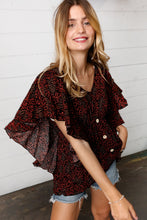 Load image into Gallery viewer, Black &amp; Orange Boho Print Button Detail Side Ruffle Top