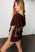 Load image into Gallery viewer, Black &amp; Orange Boho Print Button Detail Side Ruffle Top