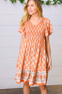 Apricot Paisley Fit and Flare Smocked Midi Dress
