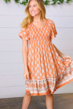 Load image into Gallery viewer, Apricot Paisley Fit and Flare Smocked Midi Dress