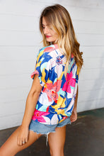 Load image into Gallery viewer, Navy &amp; Yellow Tropical Floral V Neck Top