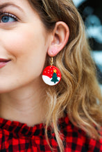 Load image into Gallery viewer, Red Christmas Tree Snow Round Clay Earrings