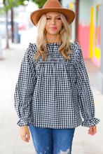 Load image into Gallery viewer, Black Gingham Shirred Yoke Mock Neck Frilled Top