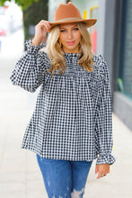 Load image into Gallery viewer, Black Gingham Shirred Yoke Mock Neck Frilled Top
