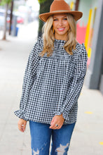 Load image into Gallery viewer, Black Gingham Shirred Yoke Mock Neck Frilled Top