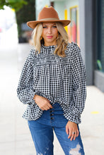 Load image into Gallery viewer, Black Gingham Shirred Yoke Mock Neck Frilled Top