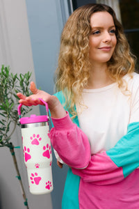 Hot Pink Paw Print Insulated Tumbler with Top Handle